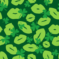 Green lip print with shamrock silhouette on green background. Seamless pattern with kiss. Decorative wallpaper for St Patrick's day holiday design. Vector stock illustration
