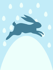 Dynamic blue Easter scene showing a jumping rabbit silhouette over a large white egg shape with falling smaller eggs.