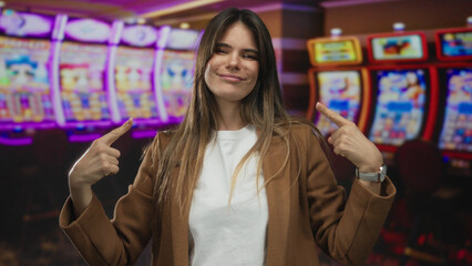 Hispanic woman in a casino pointing to herself with playful expression by slot machines, dressed casually in a brown coat with a lively casino background.