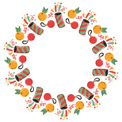 Fototapeta premium Festive round frame with fireworks. Colorful wreath with fruit and Christmas decorations.