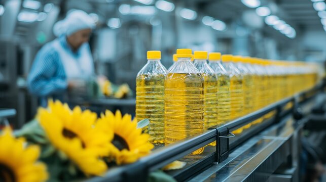 A woman is working in a factory with a line of bottles of oil. The bottles are yellow and lined up on a conveyor belt - Powered by Adobe