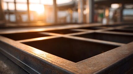 Weathered metal grid frame structure illuminated by warm sunset light