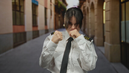 Woman in pilot uniform boxing on a city street showing determination and empowerment outdoors.
