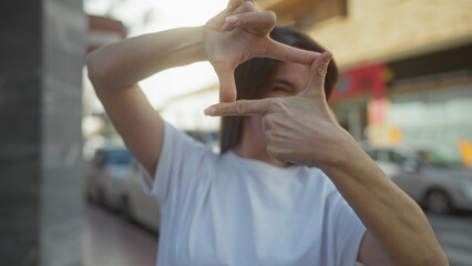 Woman making frame gesture with hands on busy city street in a playful manner, showcasing positive...