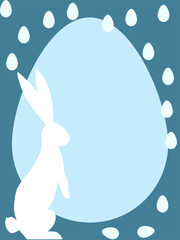 Dark blue Easter illustration featuring a white rabbit silhouette standing in front of a large light blue egg with falling eggs.