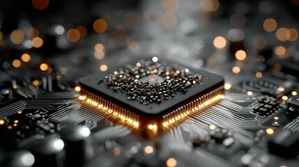 Stunning microchip with intricate circuit design and glowing lights for futuristic technology and innovation concepts, demonstrating complex engineering