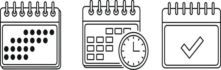 Obraz premium Minimalist calendar icon set featuring outline illustrations for monthly scheduling event appointments and task completion with clock symbols