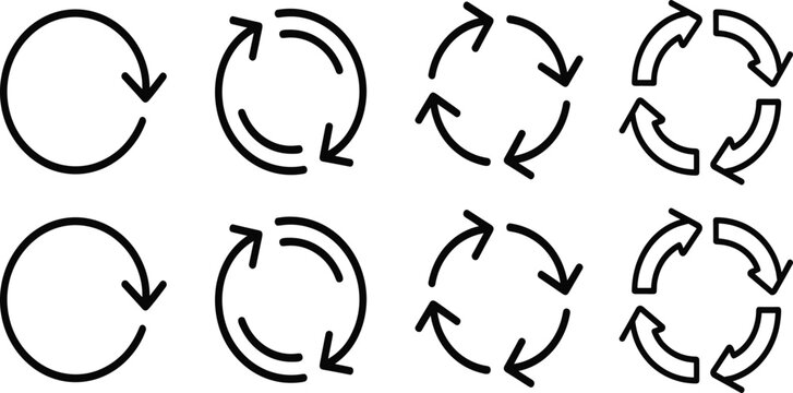 Minimalist circular refresh and synchronization icon set featuring black outline arrows representing system updates rotation and loading processes