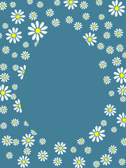 Floral frame on a dark blue background featuring white daisies with yellow centers scattered around a central oval space.