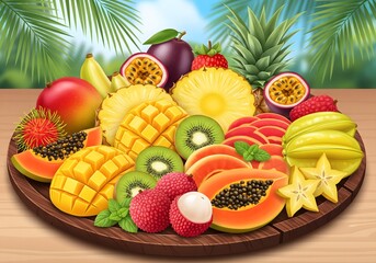 Vibrant tropical fruit platter featuring sliced mango, papaya, kiwi, dragon fruit, and starfruit on a wooden board