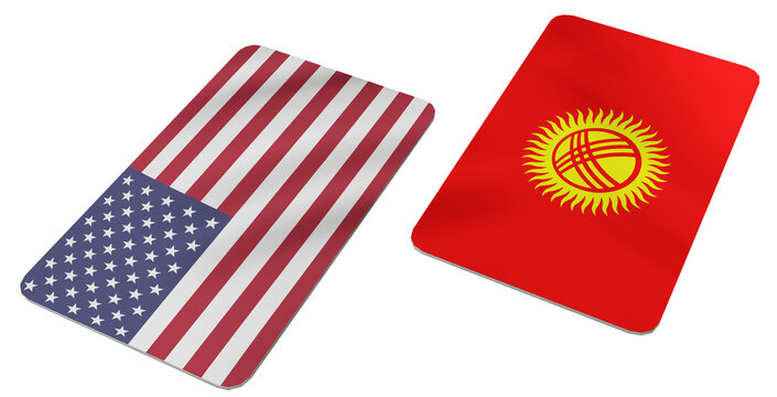 Flags of the United States of America and Kyrgyzstan on Rectangular Cards, Symbolizing International Relations and Cooperation