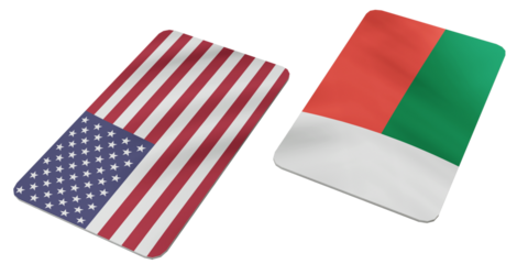 United States and Madagascar Flags Depicted on Two Curved Rectangular Blocks Against a Geometric Gray Background, Symbolizing International Relations