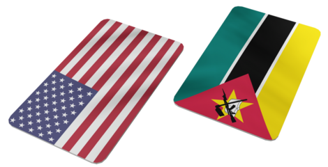 Two Flags Representing the United States of America and Mozambique, Rendered as Stylized Wavy Cards on a Gradient Gray Background