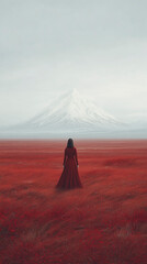 Lone Traveler Gazes, Single Wanderer In Crimson Cloak Traverses Fogshrouded Mountains Toward Snowy Peaks