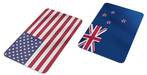 Obraz premium Flags of the United States of America and New Zealand on Separate Cards, Representing International Relations and Diplomatic Ties