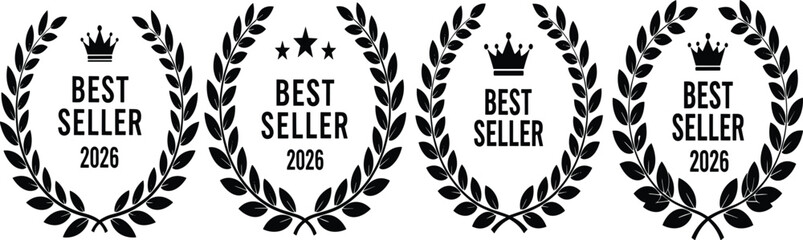Obraz premium Set of black best seller 2026 laurel wreath badges with crown and star icons for product quality certification