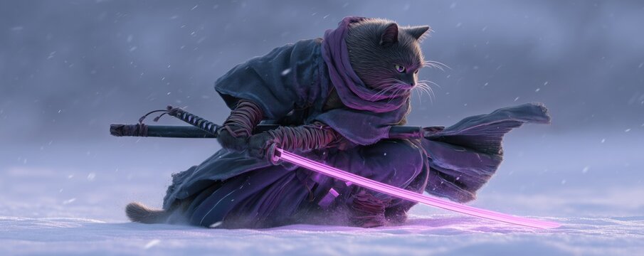 Cyber Ninja Cat With Glowing Katana
