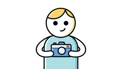 Cartoon photographer holding a camera, smiling and ready to capture moments with joy and enthusiasm.