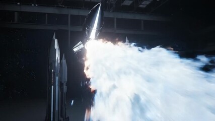 Sleek aerodynamic rocket ignites with powerful flames and smoke during a dramatic launch sequence in a dark industrial hangar.