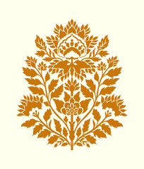 Mughal Folk Floral Ornamental Illustration in Golden Ochre on Light Background