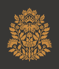 Mughal Folk Floral Ornamental Illustration in Gold on Dark Background