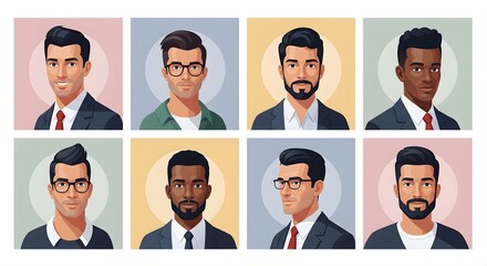 Diverse Collection of Businessmen Portraits with Different Hair Styles and Facial Hair Wearing Suits and Ties Representing Professional and Corporate Headshots on Background