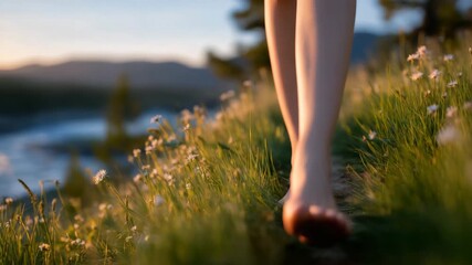 197Close-up of feet walking barefoot through soft green grass, sunlight creating warm highlights on grass tips, sense of grounding and natural mindfulness in a peaceful outdoor settin