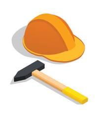 Orange Hard Hat and Hammer on White Background Keywords: construction, safety, helmet, hardhat