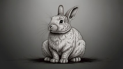 Hand-drawn rabbit sitting calmly, fluffy fur illustrated with delicate ink lines, black and white vector illustration