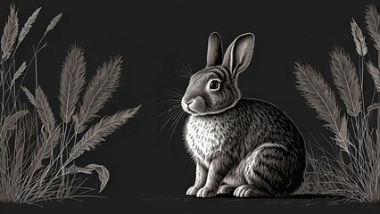 Hand-drawn rabbit sitting calmly, fluffy fur illustrated with delicate ink lines, black and white vector illustration