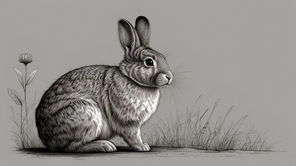 Hand-drawn rabbit sitting calmly, fluffy fur illustrated with delicate ink lines, black and white vector illustration