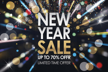 Happy new year sale up to seventy percent off limited time offer festive celebration with colorful lights and radiant burst of confetti