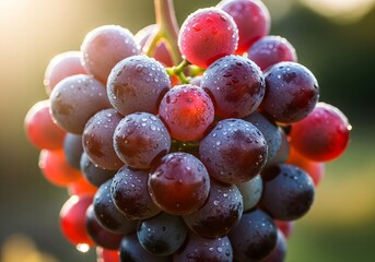 Fresh bunch of ripe red grapes with water droplets in natural sunlight