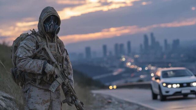 209Silhouette of a figure in a gas mask and military-style camouflage, standing on a ruined highway at dusk, smoky sky and ruined skyline creating a tense post-apocalyptic mood