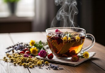 Steaming glass cup of herbal tea with fresh chamomile, lavender, and rose buds on a rustic wooden table