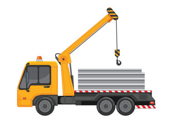 Fototapeta premium Yellow Crane Truck Carrying Metal Sheets yellow truck