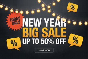 Happy new year big sale banner with string lights and percentage symbols with upto 50 percent offer with shop now button on black