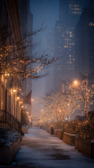 Peaceful Street Lined With Shimmering Snow And Cozy Amber Colors Ideal For Romantic Photography