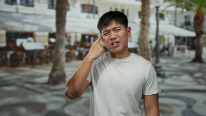 Young chinese man gesturing wildly on an outdoor restaurant terrace, creating a lively scene in a bustling coffee shop environment with palm trees in the background.