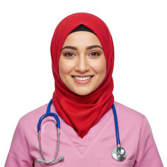 Friendly Muslim Female Nurse in Red Hijab and Pink Scrubs with Stethoscope isolated on transparent background