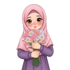 Sweet Anime Illustration of a Muslim Girl in Pink Hijab Holding a Bouquet isolated on transparent background