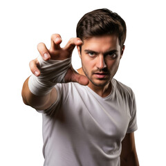 Fierce Young Man with Bandaged Hand Reaching Toward Camera in Aggressive Pose isolated on transparent background