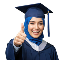 Successful Muslim Female Graduate Giving a Thumbs Up in Graduation Gown isolated on transparent background