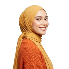 Side Profile of a Smiling Muslim Woman Wearing a Yellow Hijab and Orange Sweater isolated on transparent background