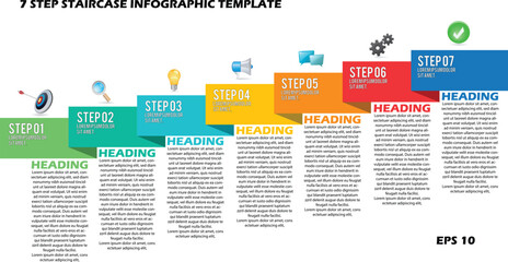 7 Step Staircase Infographic Template. Business Process Flow Chart with Colorful Zigzag Banners and Strategic Icons. Professional Vector Roadmap Illustration for Project Milestones
