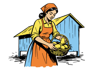 Retro Comic Illustration of Farm Woman Holding a Basket of Harvested Eggs or Produce by a Rustic Barn or Chicken Coop. © Tri