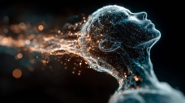 Abstract human head emerging from sparkling particles evokes digital transformation and artificial intelligence, perfect for technology and innovation concepts - Powered by Adobe