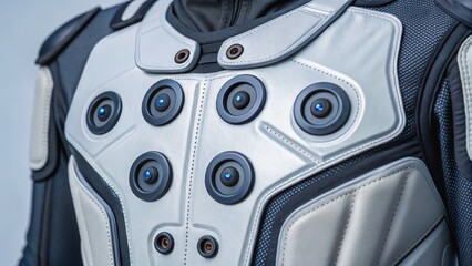 Close-up of a futuristic protective suit showcasing intricate detailing and technology.