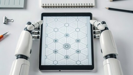 Robotic arms interact with a digital tablet showcasing an intricate design pattern.