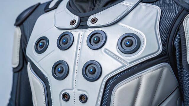 Close-up of a futuristic protective suit showcasing intricate detailing and technology. - Powered by Adobe